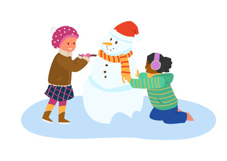 Girls Making Snowman. winter activities. Flat Vector Illustration. Isolated On White.のイラスト素材