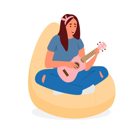 Teenage Girl Sitting in Bean Bag Chair Singing And Playing Ukulele. vector illustration. Isolated On White.のイラスト素材