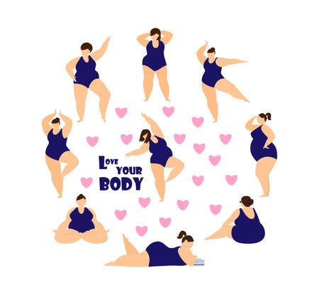Love your body and body positive concept. Plus size women in different poses in swimsuits. Dancing, sitting, reading, observing, meditating. vector illustration.のイラスト素材
