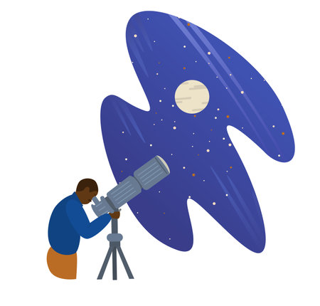 Afroamerican Man astronomer looks to telescope. Sky with moon and stars. Vector flat illustration isolated on white.のイラスト素材