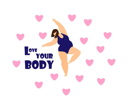 love your body concept. Dancing plus size elegant woman with hearts. Body positive and self acceptance. Flat vector illustration.のイラスト素材
