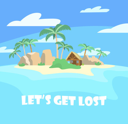 Vector illustration of lost island with wooden hut, rocks and palms. island in the ocean. summer postcard.のイラスト素材