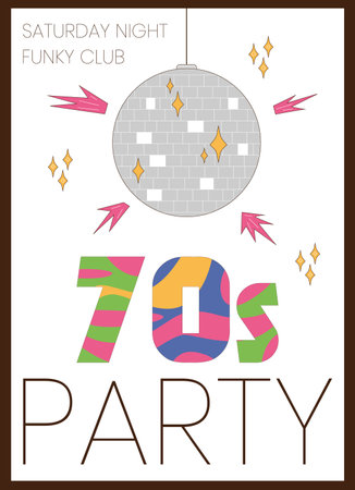 70s party invitation with groovy retro vector illustration of disco ball and funky lettering.のイラスト素材