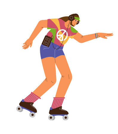Man in the 70s style outfit roller skating and listening to music retro flat vector illustration. Woman from the 70s. isolated on white.のイラスト素材