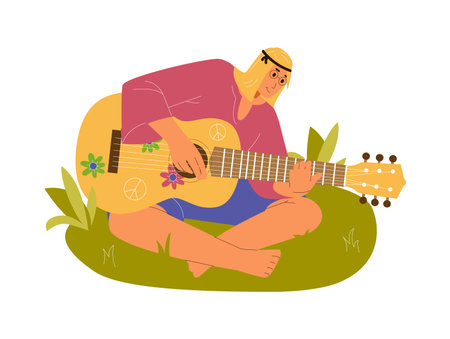 Man hippie sitting on the grass barefoot playing the guitar flat vector illustration. Man from the 70s.のイラスト素材