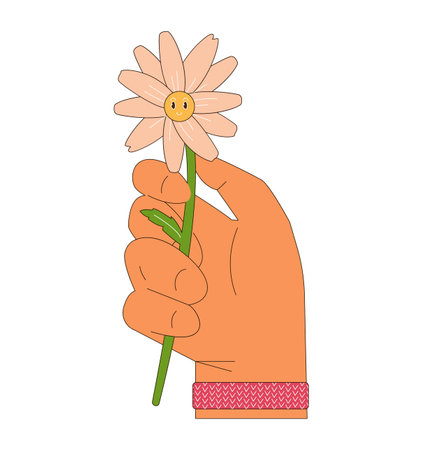 Hand holding chamomile flower with funny face retro flat vector illustration. Peace concept in the 70s style. isolated on white.のイラスト素材