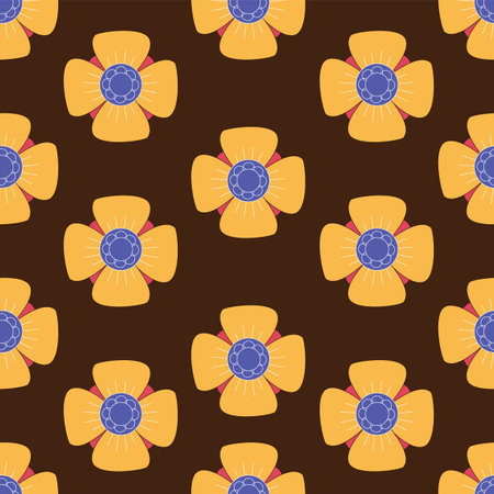 The 70s style seamless vector pattern with retro flowers on brown background.のイラスト素材