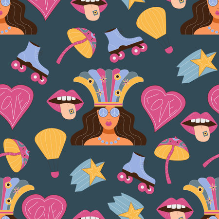 The 70s style seamless vector pattern with funky retro illustrations.