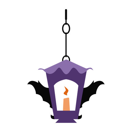 Halloween decorative scary lantern with bat wings and candle inside vector illustration isolated on white.のイラスト素材