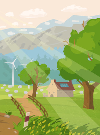 countryside panorama. Beautiful summer landscape with trees, forest, mountains, sheep, sun rays, windmills. Countryhouse with solar battery on the roof. Eco life concept.のイラスト素材