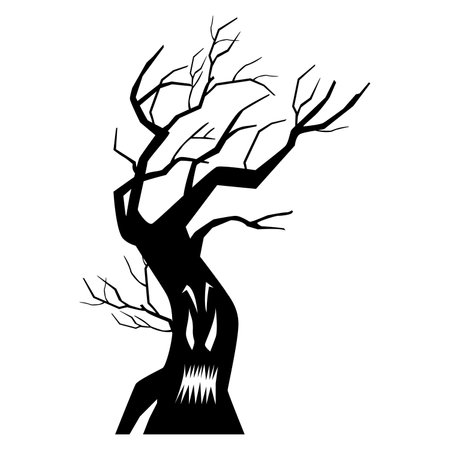 Halloween spooky tree with scary carved face black silhouette vector illustration isolated on white.のイラスト素材