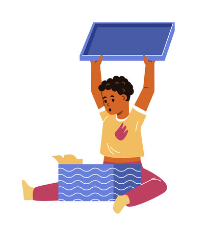 African American surprised boy opening gift box flat vector illustration isolated on white.のイラスト素材