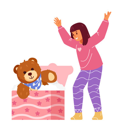 Happy girl opening big gift box with teddy bear flat vector illustration isolated on white.のイラスト素材