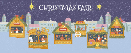 Christmas fair horizontal vector banner. Winter night cityscape with different shops.のイラスト素材