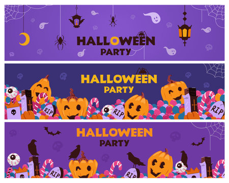 Halloween party invitation horizontal banners vector set. Halloween decoration elements. Pumpkins, sweets, lanterns; birds, spiders, ghosts and bats.のイラスト素材