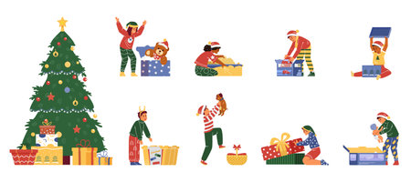 Happy Kids in Christmas outfit opening presents flat vector illustrations collection. Set of multiracial kids receiving Christmas gifts. Christmas tree and gift boxes.のイラスト素材