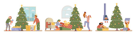Happy kids opening gifts near Christmas tree flat vector scenes set. Excited multiracial children in Christmas outfit unwrapping presents at home.のイラスト素材
