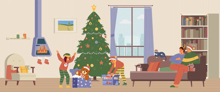 Christmas morning family gathering flat vector illustration. Kids opening gifts, parents sitting on the couch. Living room interior with Christmas decorations.のイラスト素材
