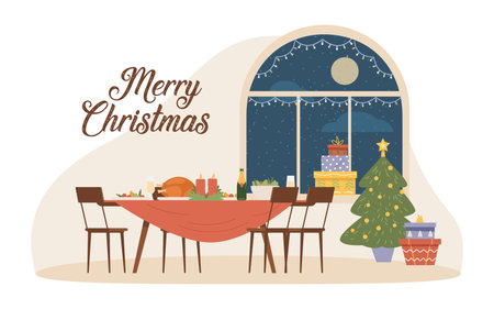 Christmas night interior flat vector illustration. Served dinner table with champagne and food, Christmas tree with present boxes near large window with snow falling. Merry Christmas greeting card.のイラスト素材