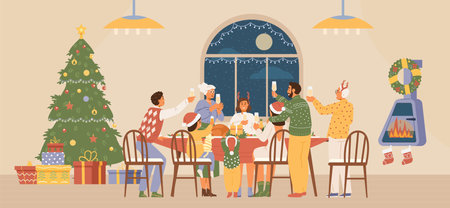 Family Christmas party at home flat vector illustration. People in Christmas outfit at dinner table with glasses of champagne laughing and making a toast.のイラスト素材