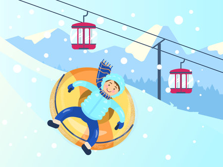 Vector illustration of mountain slope with kid riding snow tube. Cableway and snowy mountains landscape in the background.のイラスト素材