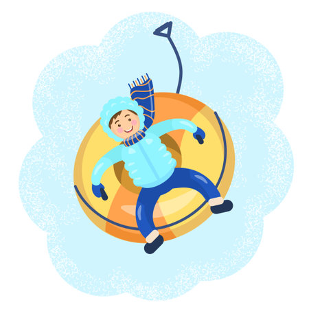 Vector illustration of happy boy riding snow tube.のイラスト素材