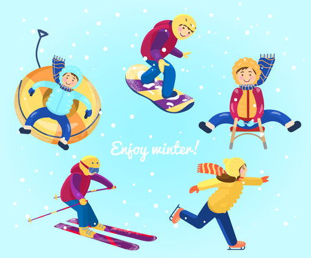 Set of kids doing different winter sports. Winter activities. Snow tubing, snowboarding, skiing, ice skating, sledding.のイラスト素材