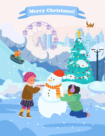 Vector Christmas Card With Kids Making Snowman In Winter Park.のイラスト素材