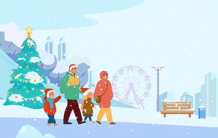 Winter Park Scenery With Happy Family In Santa Hats Walking. City Silhouette, Christmas Tree, Bench, Snowy Trees. Flat Vector Illustration.のイラスト素材