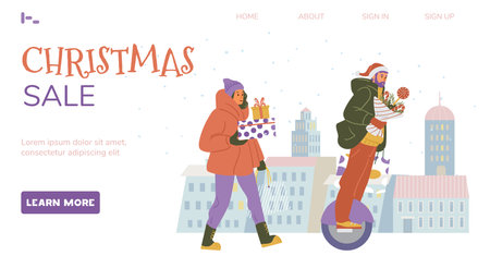 Christmas sale web page vector template. Happy woman walking with gift boxes, man riding mono wheel with winter bouquet.のイラスト素材