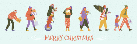Meery Christmas horizontal vector banner with people in winter clothes walking with gift boxes.のイラスト素材