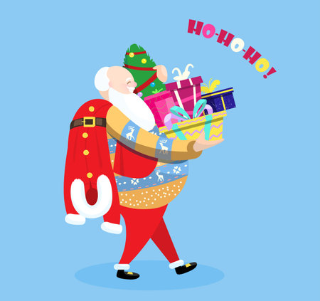 Vector illustration of Santa Claus carrying presents and Christmas tree, saying Ho-ho-ho. Santa is hot to pick all the presents so he put off his costume.のイラスト素材