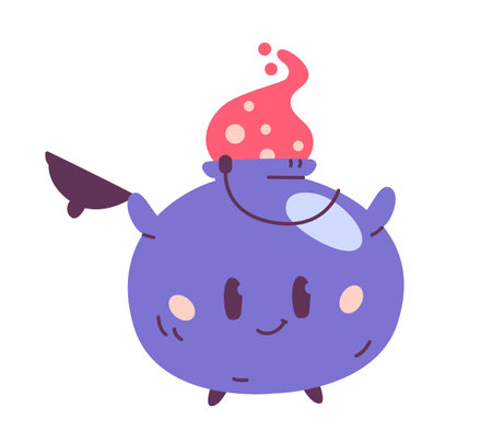 Cute magic cauldron with potion character flat vector illustration isolated on white.のイラスト素材