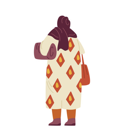 Middle Eastern woman standing back holding rolled up carpet flat vector illustration isolated on white.のイラスト素材