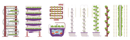 Equipment for vertical faming flat vector illustrations set. Aeroponic towers, aquaponic tank with fish and hydroponic pipes with crops and strawberry.のイラスト素材