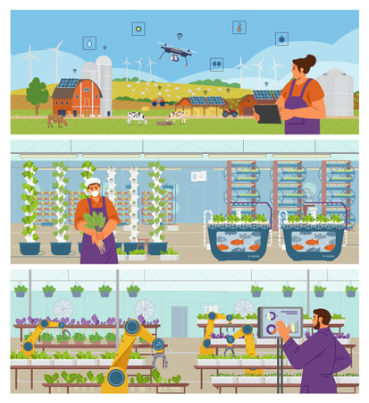 Smart and vertical farming horizontal vector banners set. Farms with IoT, robots, aeroponic towers, hydroponic and aquaponic systems.のイラスト素材