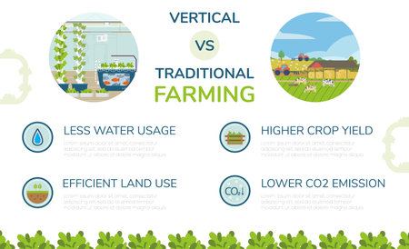 Vertical versus traditional farming infographics with vector illustrations.のイラスト素材
