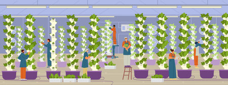 Vertical farm with workers flat vector illustration. Greenhouse with aeroponic towers for crop production and farmers.のイラスト素材