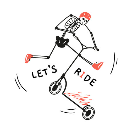 Funny skeleton in red helmet and sneakers making trick on stunt scooter on fire line vector illustration.のイラスト素材