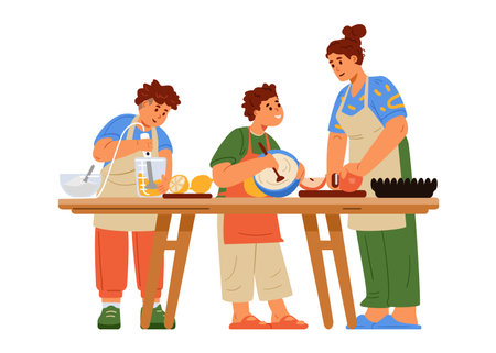 Mother with two sons in aprons cooking on kitchen table flat vector illustration isolated on white. Children and woman preparing food together.のイラスト素材