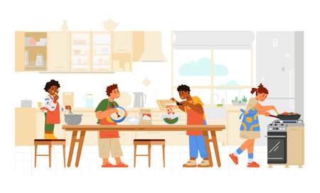 Children of different age and ethnicity cooking together in the kitchen flat vector illustration. Kids in aprons making dinner.のイラスト素材