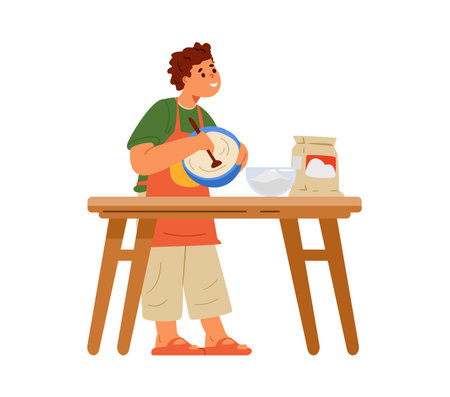 Boy in apron making a dough flat vector illustration isolated on white. Kid cooking.のイラスト素材