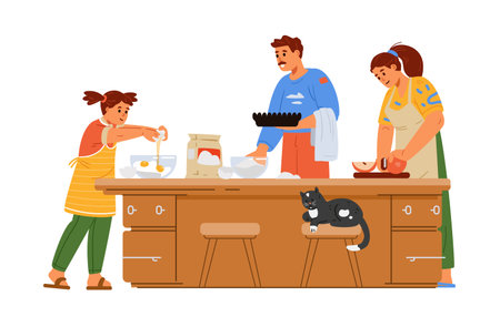 Parents with daughter cooking together on kitchen table flat vector illustration isolated on white.のイラスト素材