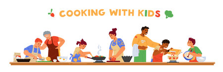 Cooking with children horizontal vector banner. Different age and race children in aprons cooking together with adults. Making dough, making pies, soup, frying. Kids cooking class.のイラスト素材