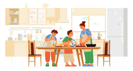 Mother with two sons in aprons cooking in the kitchen flat vector illustration. Children and woman preparing food together.のイラスト素材