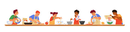 Different kids cooking together on one big table flat vector illustration isolated on white. Children cooking together.のイラスト素材