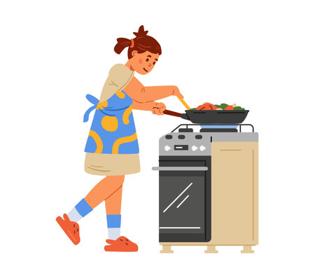 Girl in apron frying vegetables in a frying pan on a gas stove flat vector illustration isolated on white. Kid cooking a dinner.のイラスト素材