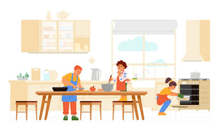 Children of different ages cooking together in the kitchen flat vector illustration. Kids in aprons making dinner.のイラスト素材