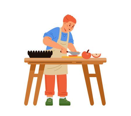 Boy in apron cutting an apple on a cutting board flat vector illustration isolated on white. Kid making an apple pie.のイラスト素材