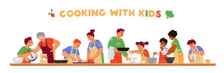 Cooking with children horizontal vector banner. Different age and race children in aprons cooking together with adults. Making dough, making pies, using blender, tasting filling, breaking eggs. Kids cooking class.のイラスト素材